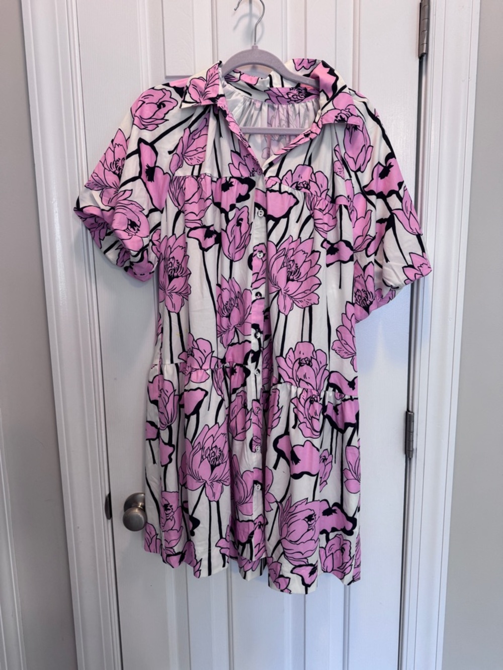 Casual Pink Floral Button-Front Shirt Dress